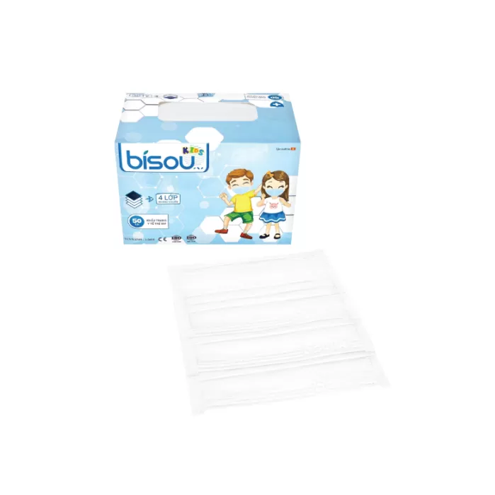 Khẩu Trang Y Tế 4 Lớp Bisou Kids Trắng Hộp 50 Cái